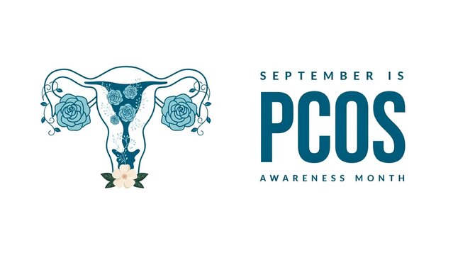 September is pcos awareness month typography design with decorative floral uterus illustration isolated on white background