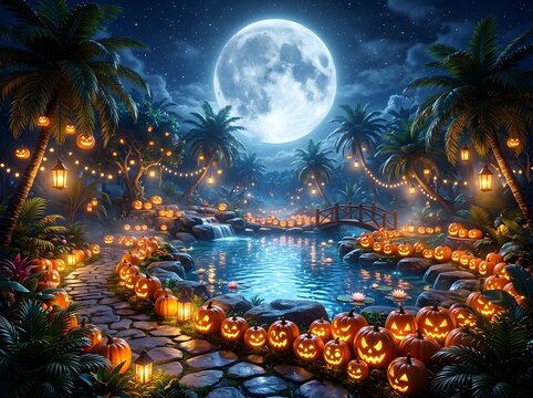 Enchanted Tropical Halloween Oasis Glowing with Jack-O'-Lanterns Beneath a Full Moon and String Lights Amidst Lush Palms