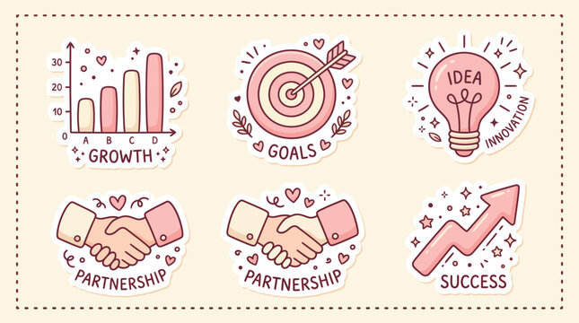 Pink business sticker set featuring growth charts target goals lightbulb innovation and handshakes for corporate success