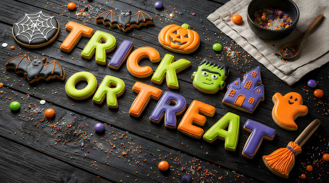 Colorful trick or treat letter cookies with halloween decorations on a dark wooden table background