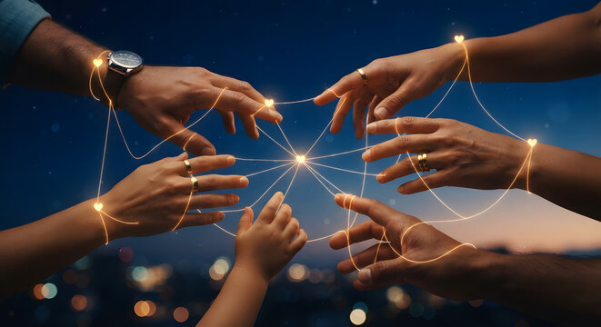 Connected human hands with glowing light strings, global networking and digital communication concept, diverse community unity at night