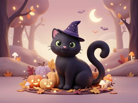 Enchanting Halloween Black Cat Witch Hat Surrounded by Glowing Jack O Lanterns and Whimsical Forest Elements in Magical Evening Light