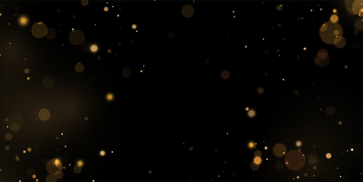 Soft golden bokeh lights scattered on a deep black background creating a warm glowing effect on transparent background