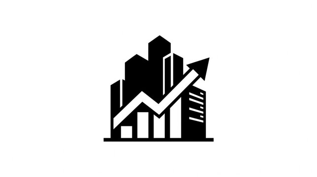 Black cityscape skyline logo featuring financial growth bar chart and rising arrow vector illustration