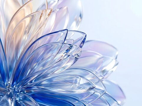 Ethereal Translucent Blue Glass Petals Floating in Soft Gradient Light with Delicate Reflective Surfaces and Dreamy Composition