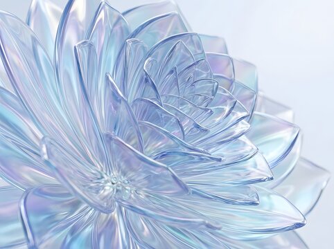Ethereal Translucent Glass Flower with Iridescent Petals and Delicate Spiraling Designs in Soft Pastel Blue Hues