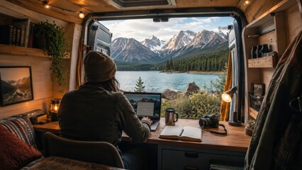 Fototapeta premium person works on a laptop inside a cozy van, overlooking a lake and snowy mountain peaks at sunset.