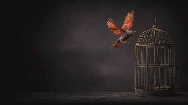 A bird escaping from its cage in dim light.
