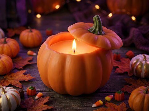 Glowing carved pumpkin candle with flickering flame surrounded by autumnal treats and decorative gourds on rustic wooden surface