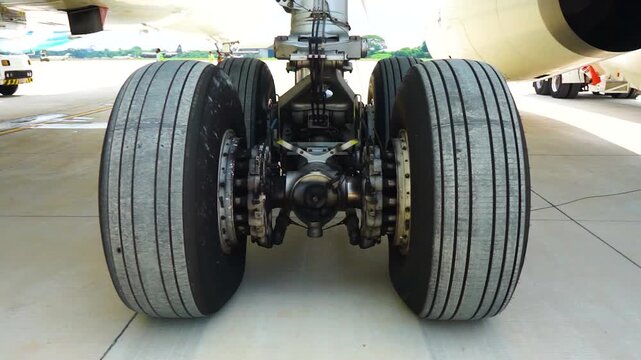 Rear View of Airplane Main Landing Gear Four Wheel Set Assembly Rubber Tires Brake Discs Mechanical Components Parked on Airport Apron Ground Service Maintenance Check Microstock Video