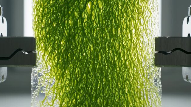Industrial testing equipment stretching green organic gel material under laboratory tension analysis