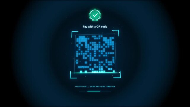 Digital QR code scanning animation on blue interface