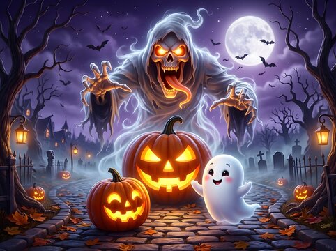 Hauntingly Whimsical Halloween Night Scene Featuring Glowing Jack-O'-Lanterns, Ghostly Apparitions, and Spooky Atmosphere Under a Mysterious Moonlit