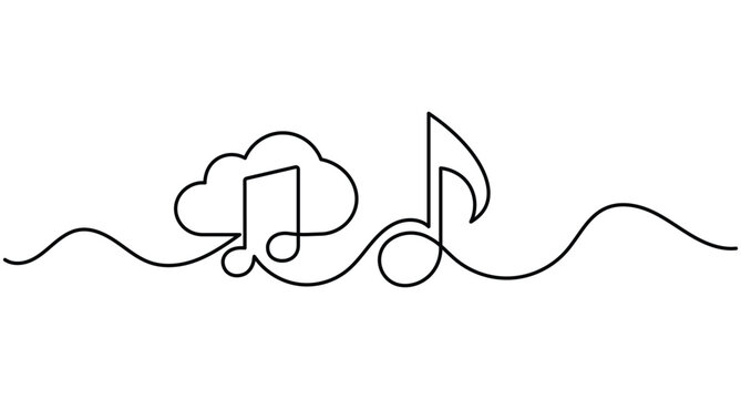Cloud and music note continuous line art depicting a digital streaming symbol with an editable stroke vector style