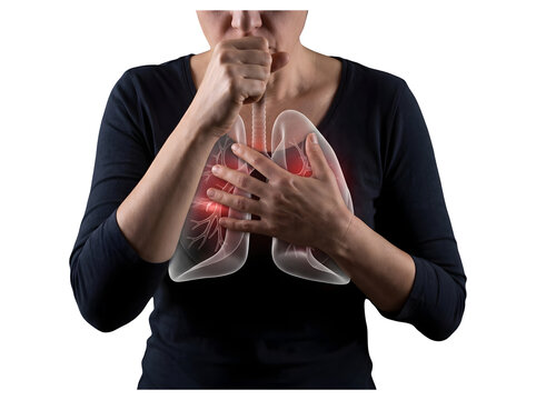 Woman coughing and holding chest suffering from acute bronchitis and lung pain