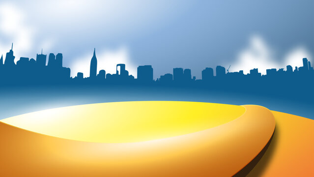 Modern vector blue silhouette of city with gradient yellow path. Path or road that can be use as a pedestal for display object like product or promotional purpose. Abstract vector background design.