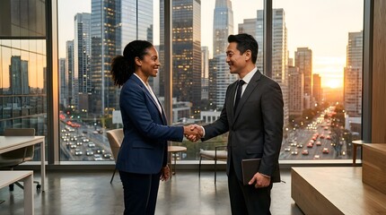 Fototapeta premium Professional business people shaking hands in a modern corporate office