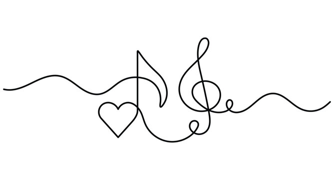 Music note heart treble clef continuous line art with editable stroke for romantic audio vector design