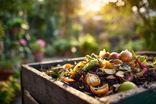 Organic kitchen scraps and garden waste decomposing inside a wooden compost bin outdoors. Home composting that reduces food waste while creating nutrient rich soil for sustainable gardening.