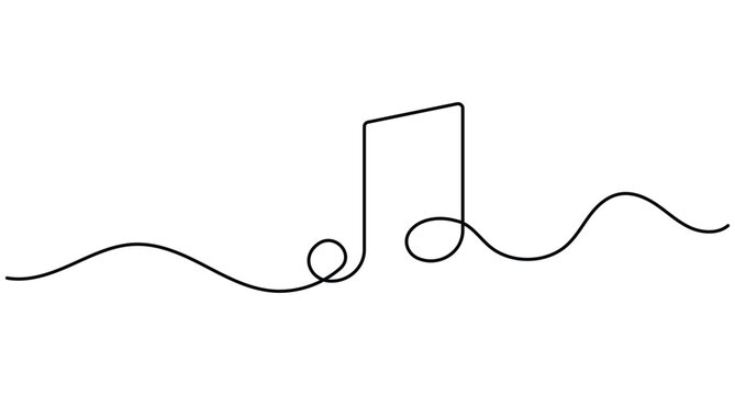 Music line art showing a single musical note integrated with a smooth flowing wave, rendered as clean vector artwork with editable stroke