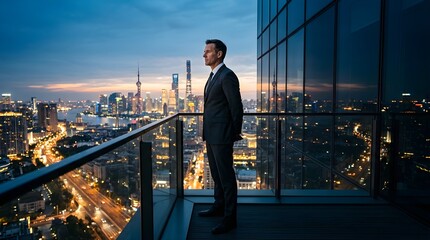 Obraz premium Professional businessman standing on balcony looking at urban city skyline
