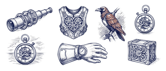 Obraz premium Steampunk vector illustration set featuring vintage mechanical gear objects including pocket watch telescope mechanical raven and gear heart vest for sci-fi retro design projects and elements.
