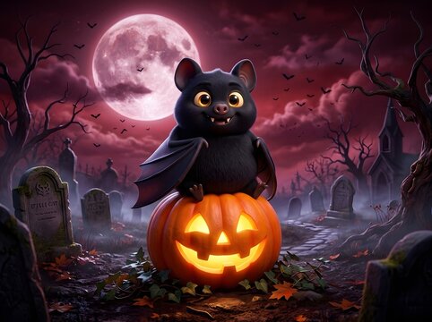 Whimsical cartoon bat with glowing jack-o'-lantern grinning mischievously under a blood-red moon in eerie cemetery at Halloween night