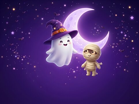 Whimsical cartoon ghost in witch hat and mummy companion floating under a glowing crescent moon amid twinkling stars and bats in dreamy purple night