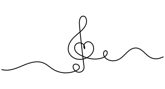 Treble clef heart continuous line art depicting a romantic sound symbol with an editable stroke vector style