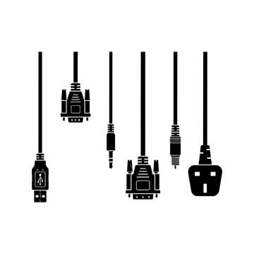 Collection of black cable silhouette icons for computer connectivity and hardware devices