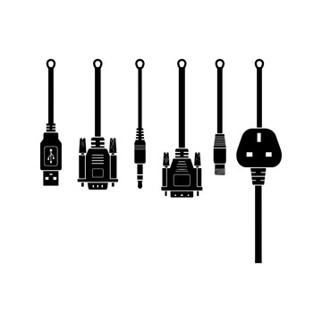 Various electronic connector and cable silhouettes isolated on white background