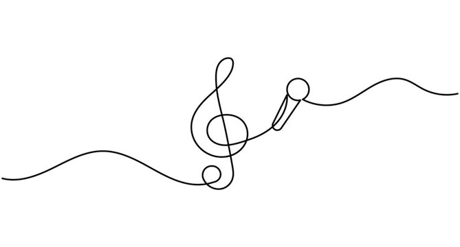 Treble clef microphone continuous line art depicting a singing symbol with an editable stroke vector style.