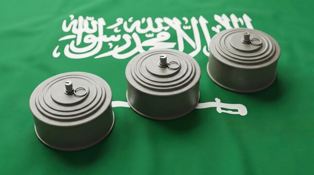 Three grey anti-tank landmines placed on national flag of saudi arabia for military defense concepts.