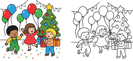 Fototapeta premium Cute happy children celebrating Christmas party with balloons and gifts coloring page and colorful vector illustration