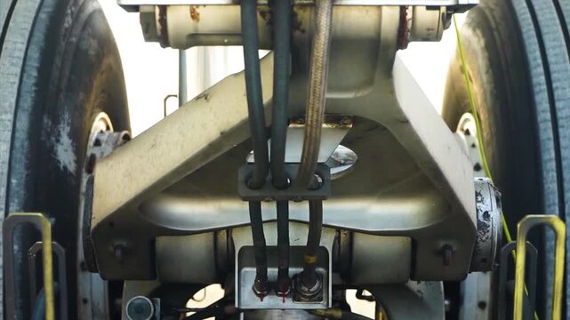 Alternate perspective close up shot of aircraft main landing gear hydraulic piping structure torque arm and shock strut assembly during ground maintenance check at airport