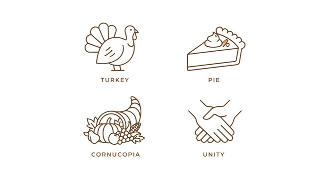 Minimalist Thanksgiving line icons set, brown turkey and pumpkin pie symbols, cornucopia and unity handshake illustrations for autumn holiday