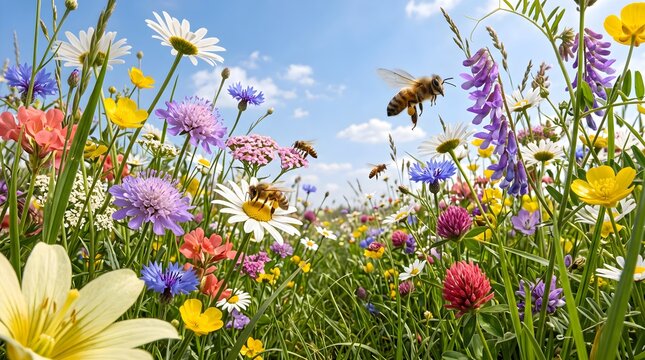 Wildflower meadow and honeybees under blue sky, ground-level view