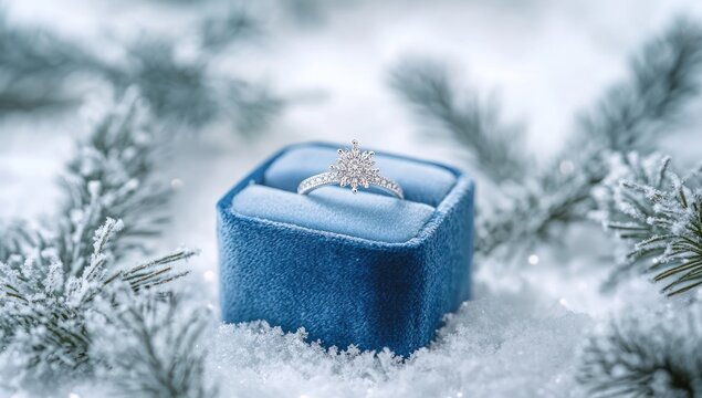 Diamond engagement ring in a blue velvet box surrounded by snowy pine branches.