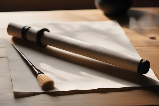 Japanese calligraphy scroll unrolled beside ink brush, traditional writing set
