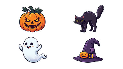 Fototapeta premium Pixel art halloween icons with pumpkin ghost cat and witch hat