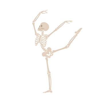 Dancing human skeleton in graceful ballet pose on black background