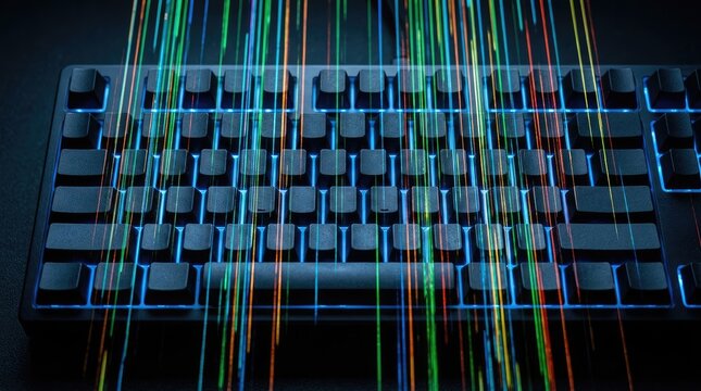 Modern mechanical gaming keyboard with futuristic digital data stream light effects
