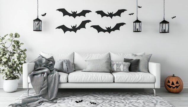 Modern living room decorated for Halloween with bats and a pumpkin.