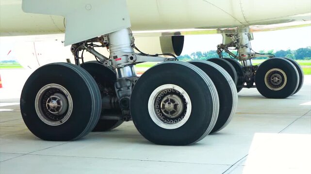 Angle View Of Passenger Jet Aircraft Main Landing Gear Wheel Assembly On Airport Tarmac Commercial Aviation Transportation System