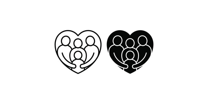 Heart shaped embrace with family figures in outline and solid black.