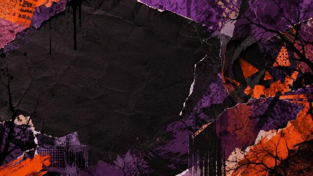 Grungy Halloween collage background with torn black paper, purple and orange textures, jack o lantern face and spooky copy space