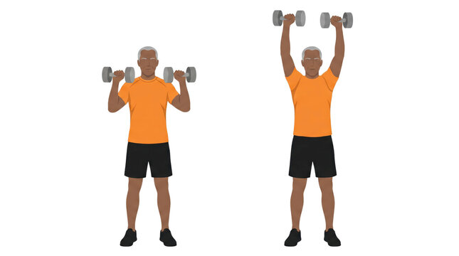 Older man performing standing dumbbell shoulder press demonstrating overhead pressing motion for deltoid strength and stability; two frame sequence showing start and full extension