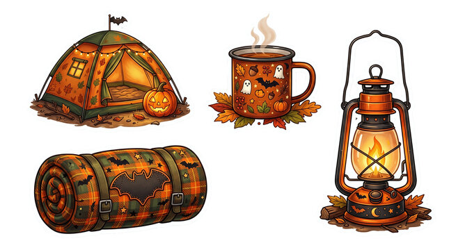 Pixel art camping equipment set with autumn leaves and lantern