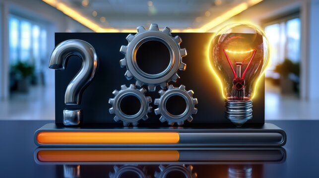 A futuristic concept showing a question mark, gears, and a glowing light bulb with progress bars, symbolizing innovation, problem-solving, and ideas.