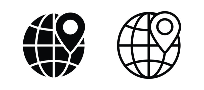 Globe with location pin icon set, world map with navigation marker, global travel and location tracking symbol, vector illustration